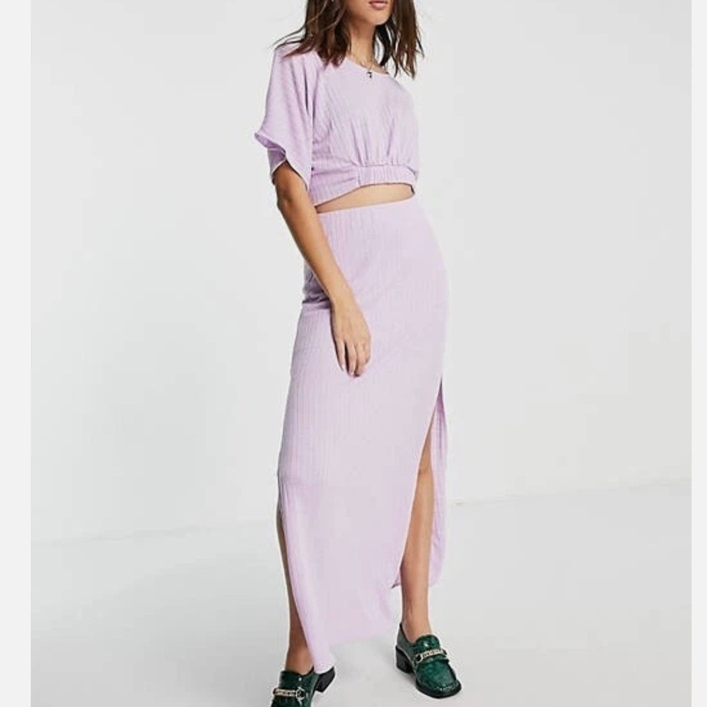 Free People Kelsey Ribbed Knit 2-Piece Set Lavender Top Maxi Skirt Womens L